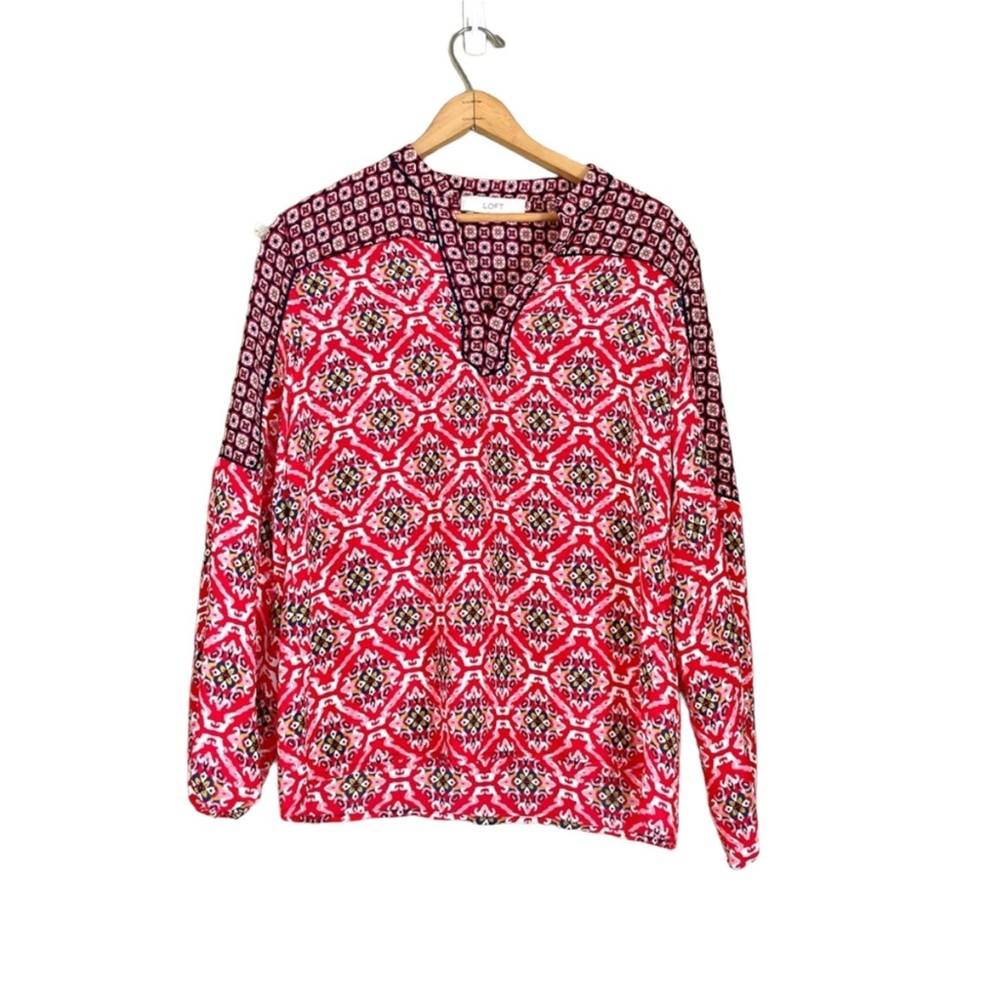 Ann Taylor LOFT Multi Pattern Colorblock Long Sleeve Blouse Red Size Small